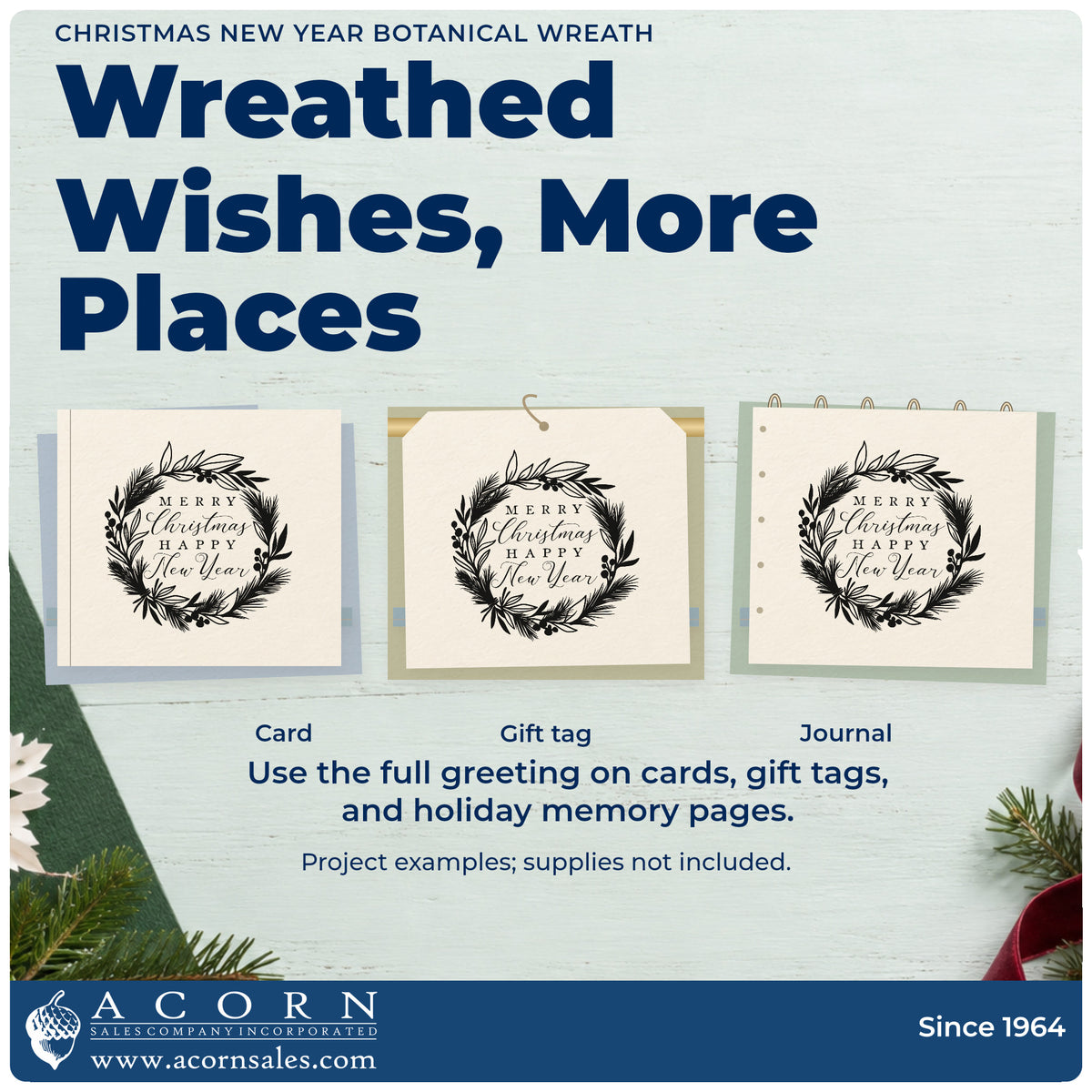 Three project examples made with the Self-Inking Botanical Wreath Holiday New Year Lettering Stamp, including two week plan sheet.