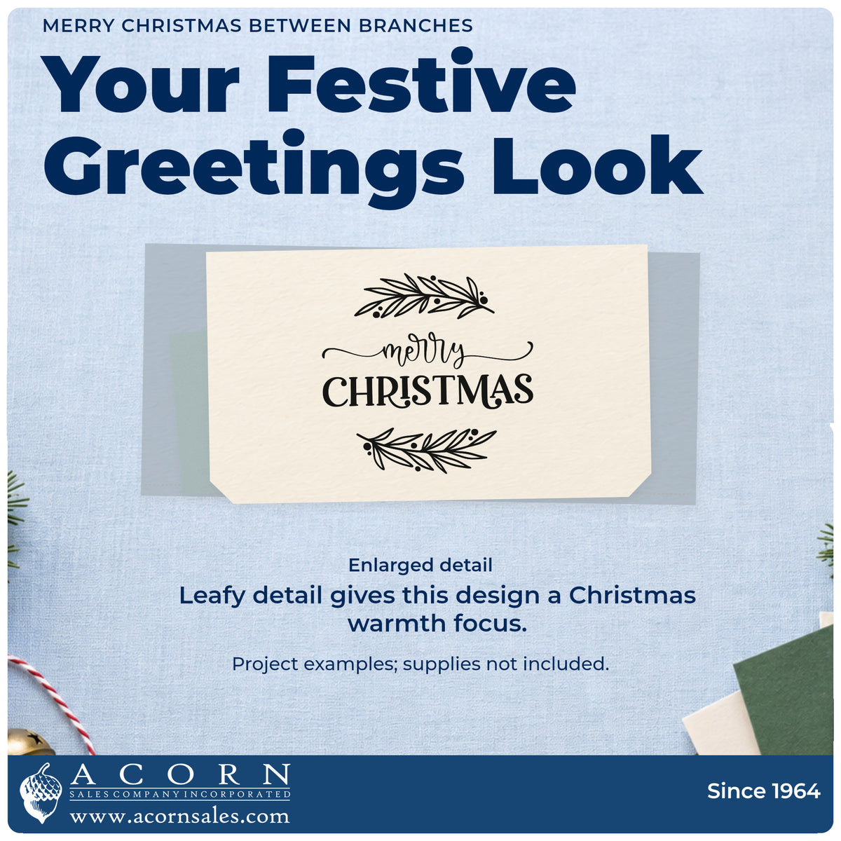 Enlarged detail of the Premium Wooden Merry Christmas Between Branches Leaf Accents Stamp – Vintage Pro imprint. “Merry Christmas” is framed above and below by long leafy branches.