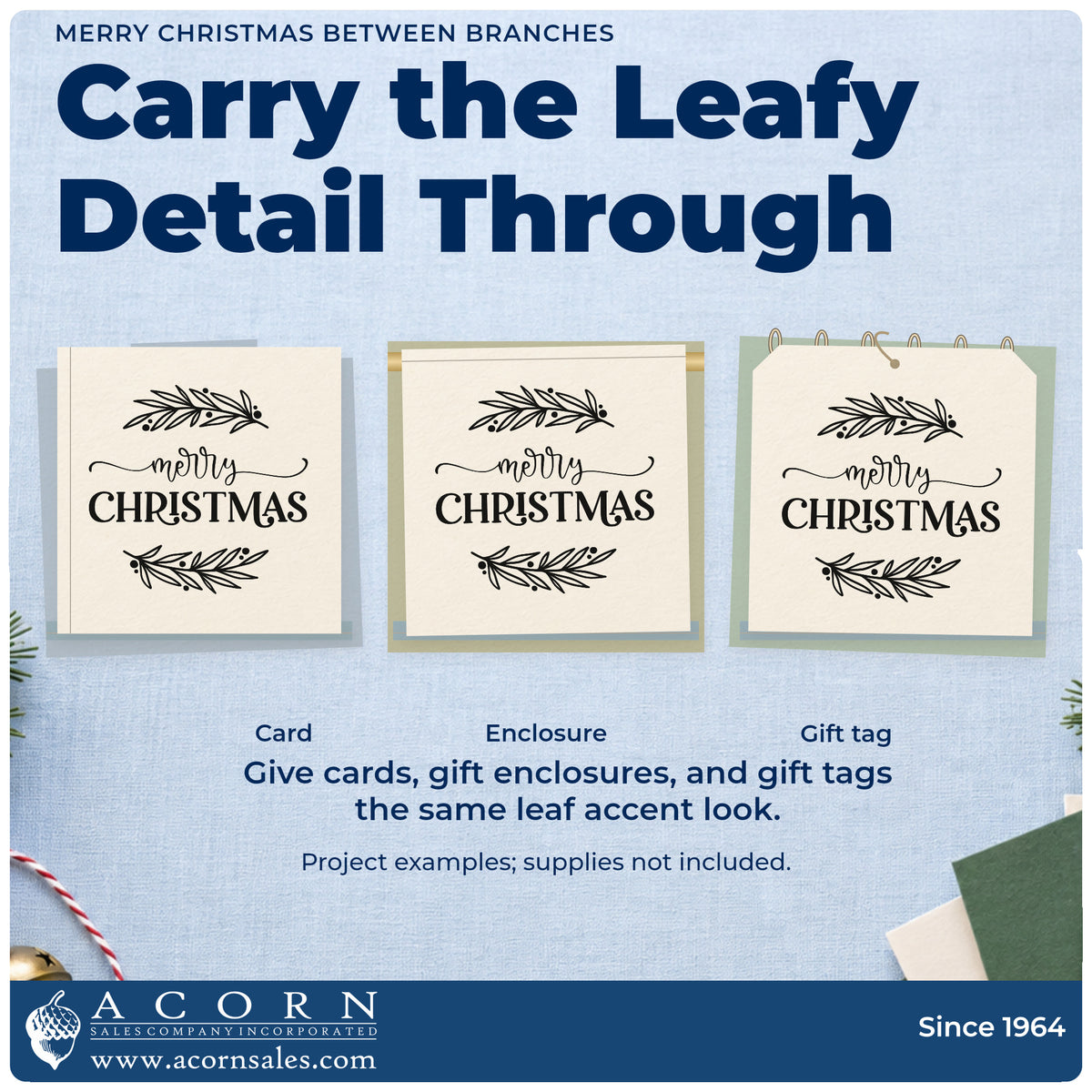 Three project examples made with the Premium Wooden Merry Christmas Between Branches Leaf Accents Stamp – Vintage Pro, including section divider sheet.