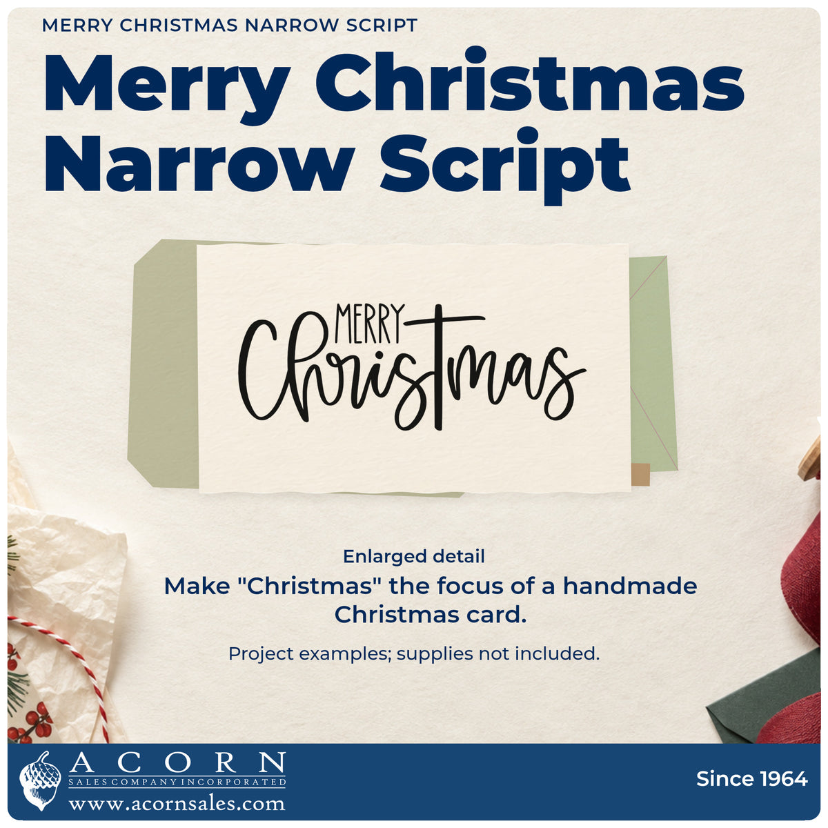 Enlarged detail of the Tall Flowing Christmas Greeting Slim Pre-Inked Stamp imprint. Small “Merry” sits over tall flowing “Christmas” lettering.