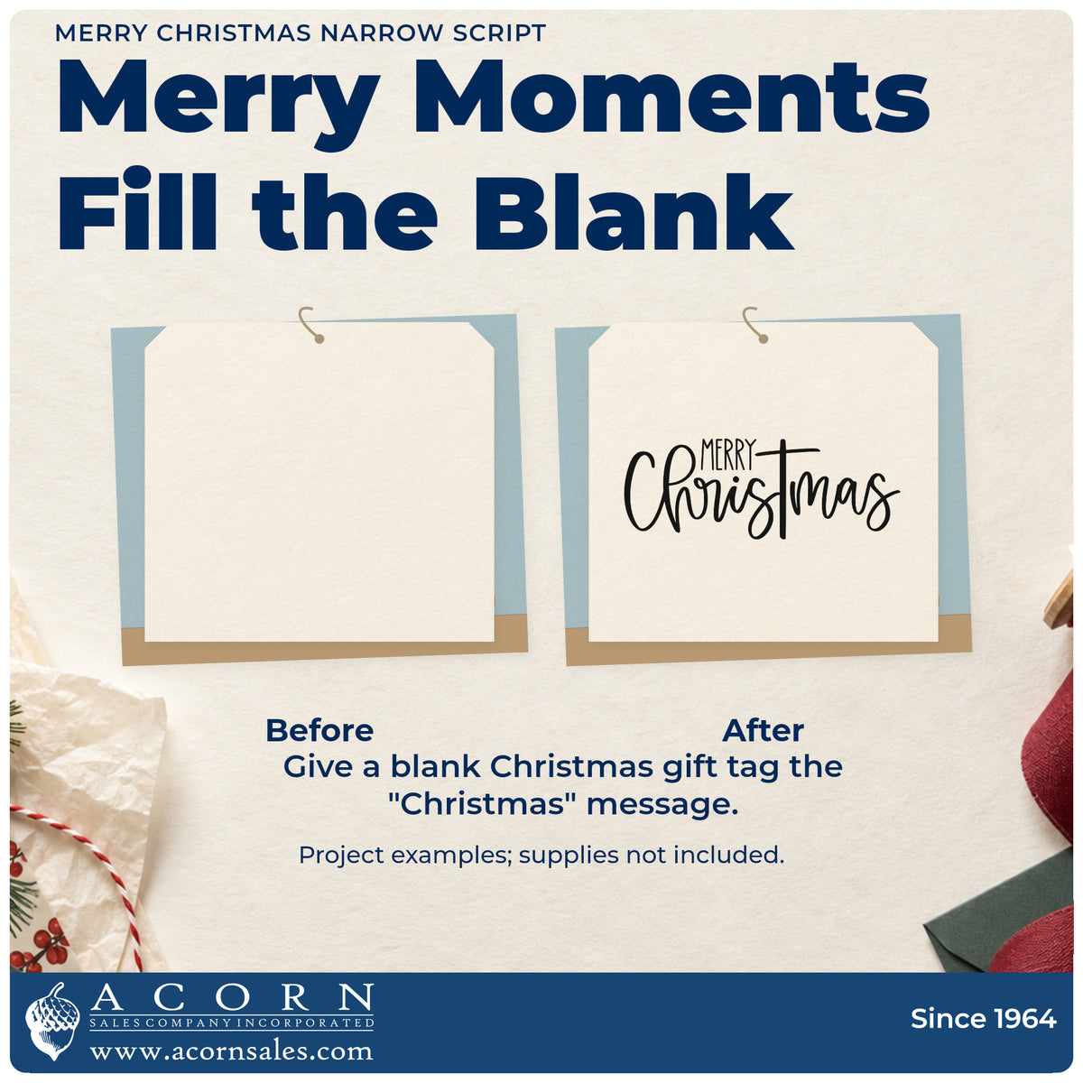 Before and after of a plain item finished with the Tall Flowing Christmas Greeting Slim Pre-Inked Stamp, a quick upgrade for framed narrow niche.