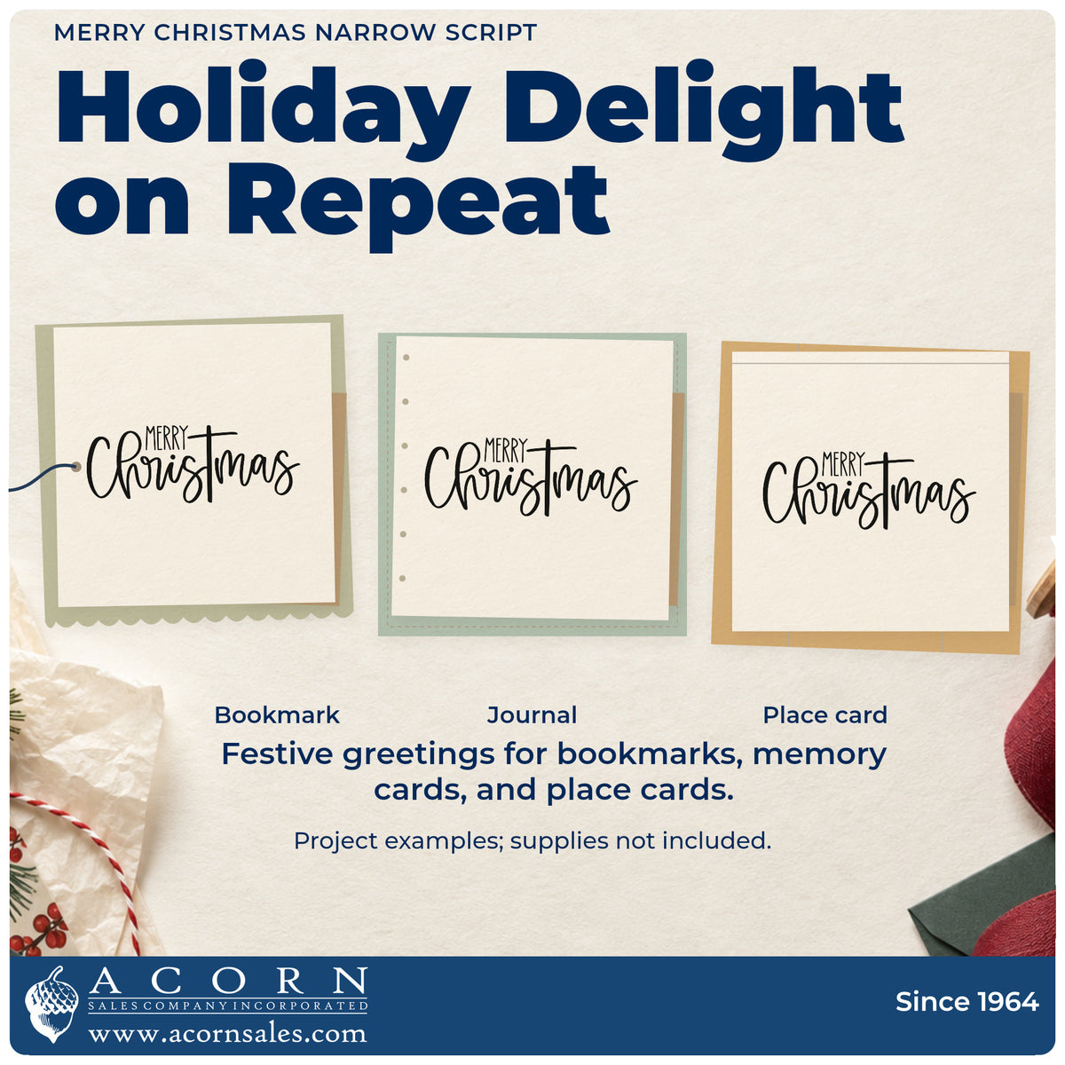 Three project examples made with the Tall Flowing Christmas Greeting Slim Pre-Inked Stamp, including bookmark strip header.