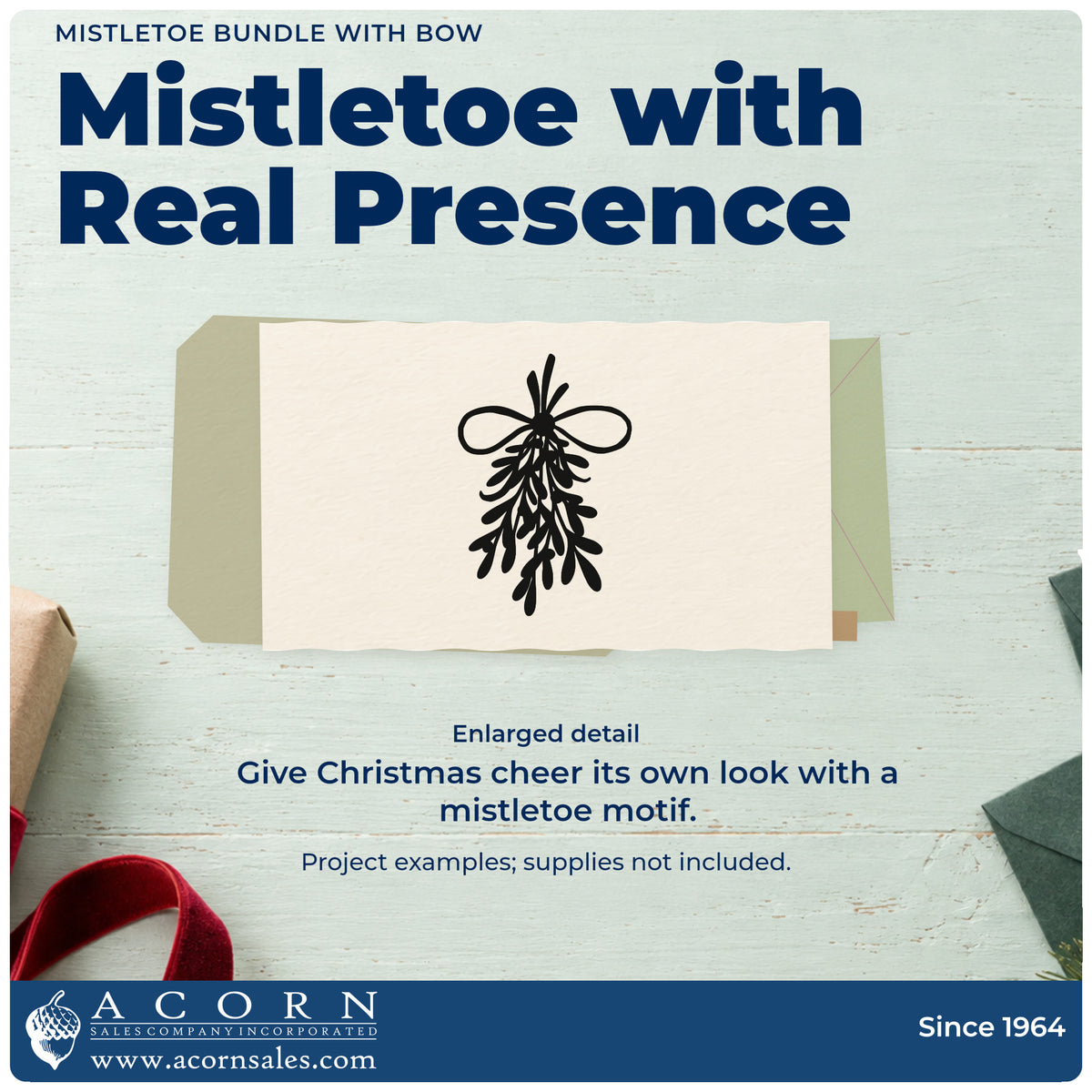 Enlarged detail of the Mistletoe Bundle With Bow Leaf Accents Stamp – Premium Vintage Pro Wooden imprint. A hanging leafy mistletoe bundle is tied at the top with a large looped bow.