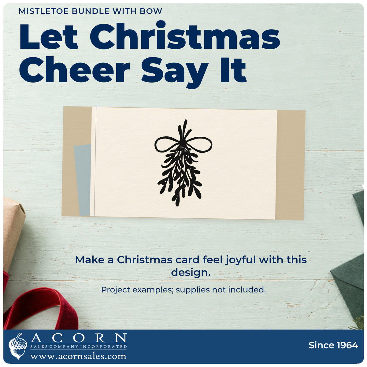 A finished handmade project stamped with the Mistletoe Bundle With Bow Leaf Accents PSI Pre-Inked Stamp, ideal for repeat wrap pattern.