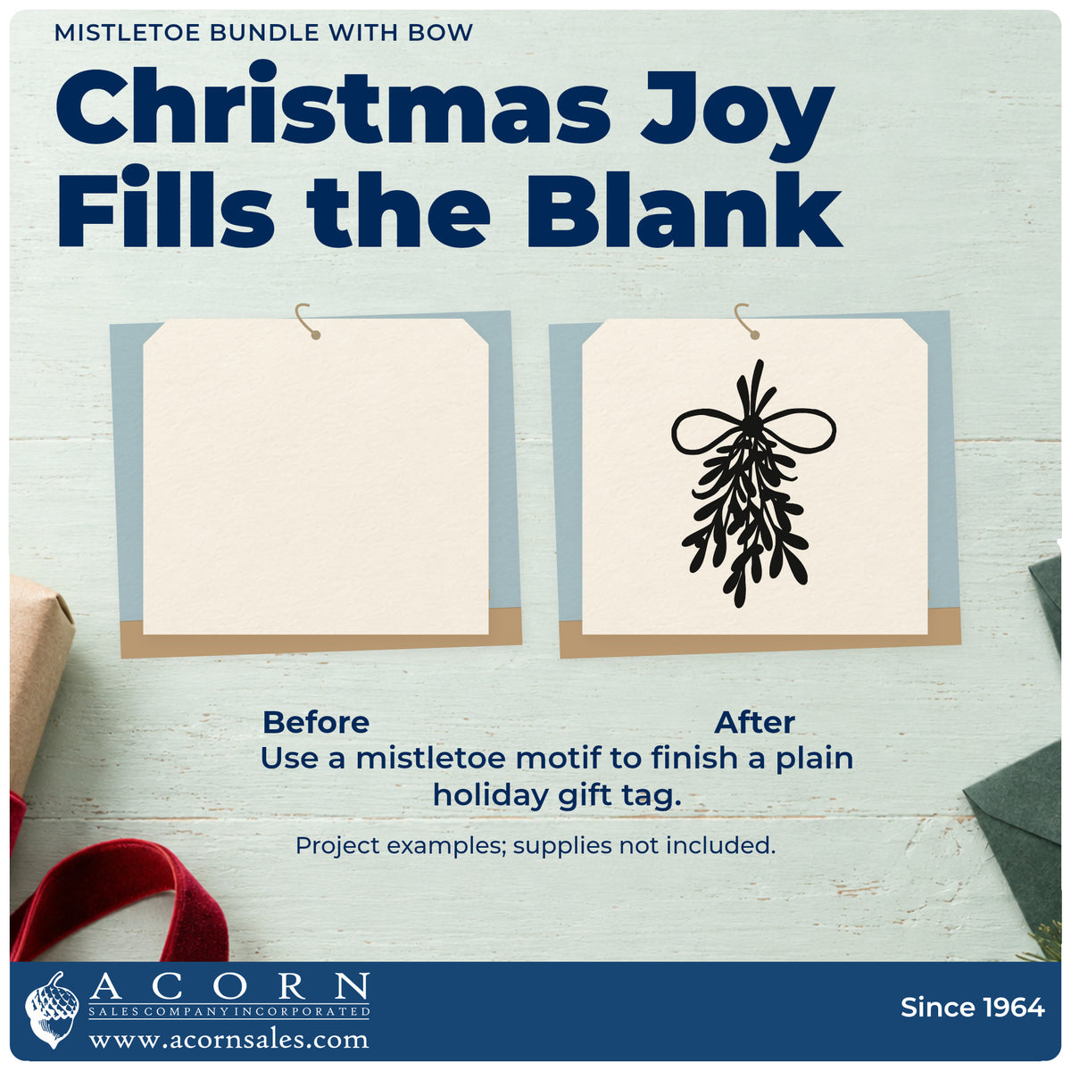 Before and after of a plain item finished with the Mistletoe Bundle With Bow Leaf Accents Hand Stamp – Duo, a quick upgrade for framed botanical trio.