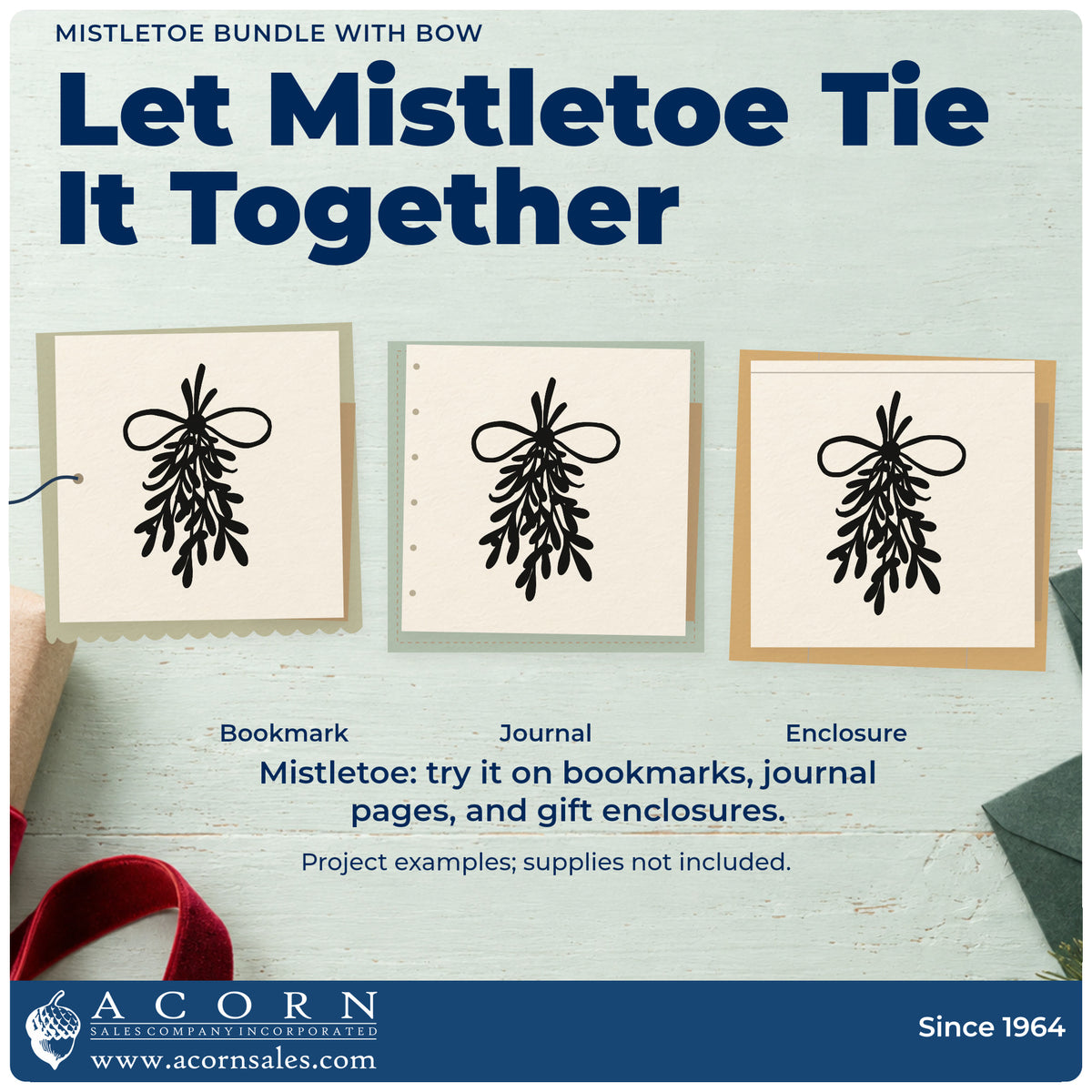 Three project examples made with the Mistletoe Bundle With Bow Leaf Accents PSI Pre-Inked Stamp, including corner page accent.