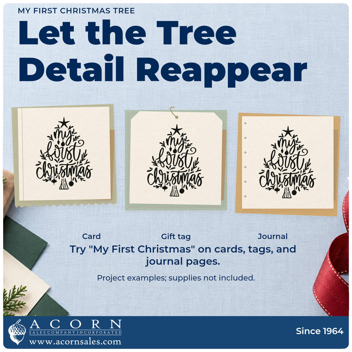 Three project examples made with the My First Christmas Tree Rubber Stamp – Duo Hand, including milestone log sheet.