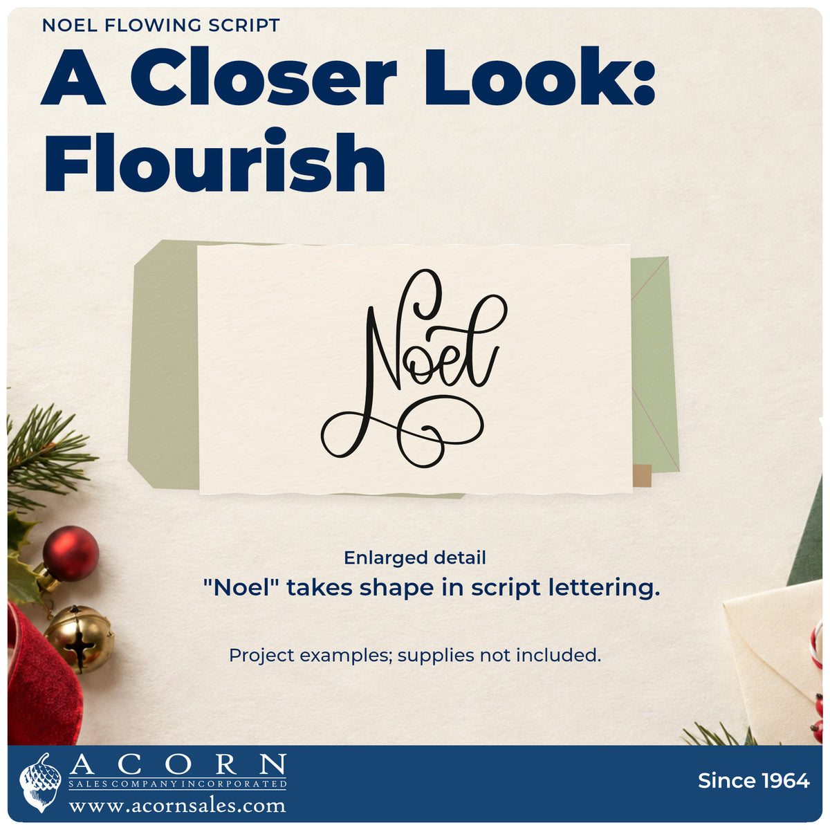 Enlarged detail of the Noel Flowing Script Lettering Pre-Inked Stamp – Slim imprint. Tall script “Noel” features large looping flourishes.