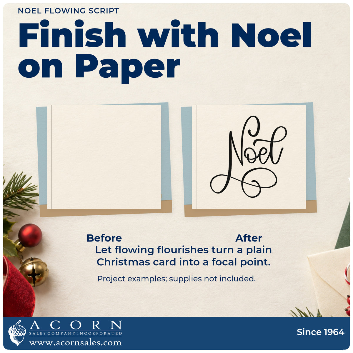 Before and after of a plain item finished with the Noel Flowing Script Lettering Premium Wooden Stamp – Vintage Pro, a quick upgrade for framed mantel trio.