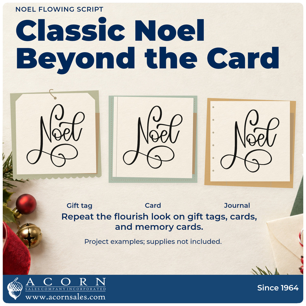 Three project examples made with the Noel Flowing Script Lettering Premium Wooden Stamp – Vintage Pro, including chapter break page.