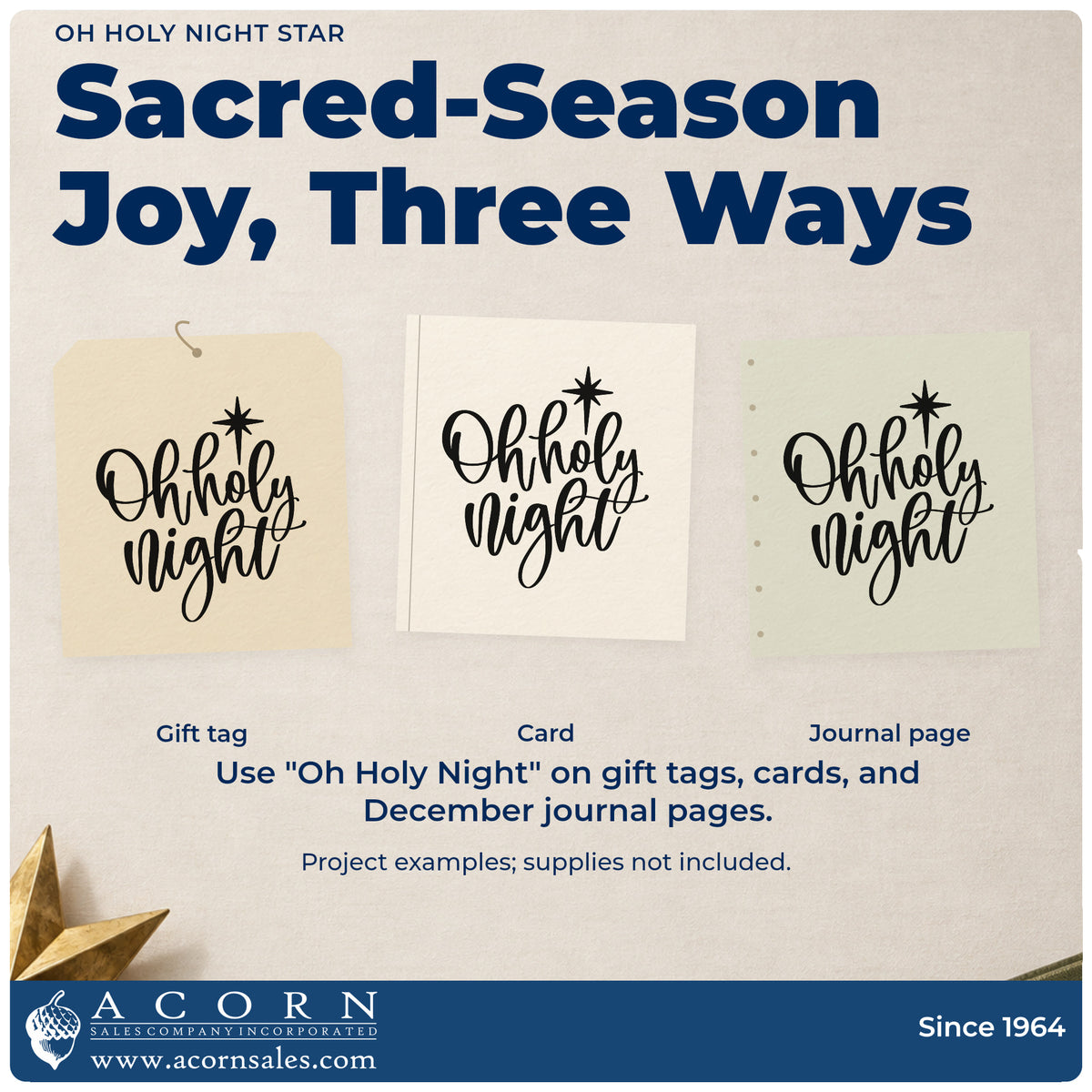 Three project examples made with the Oh Holy Night Stamp – Self-Inking, including solo practice sheet.