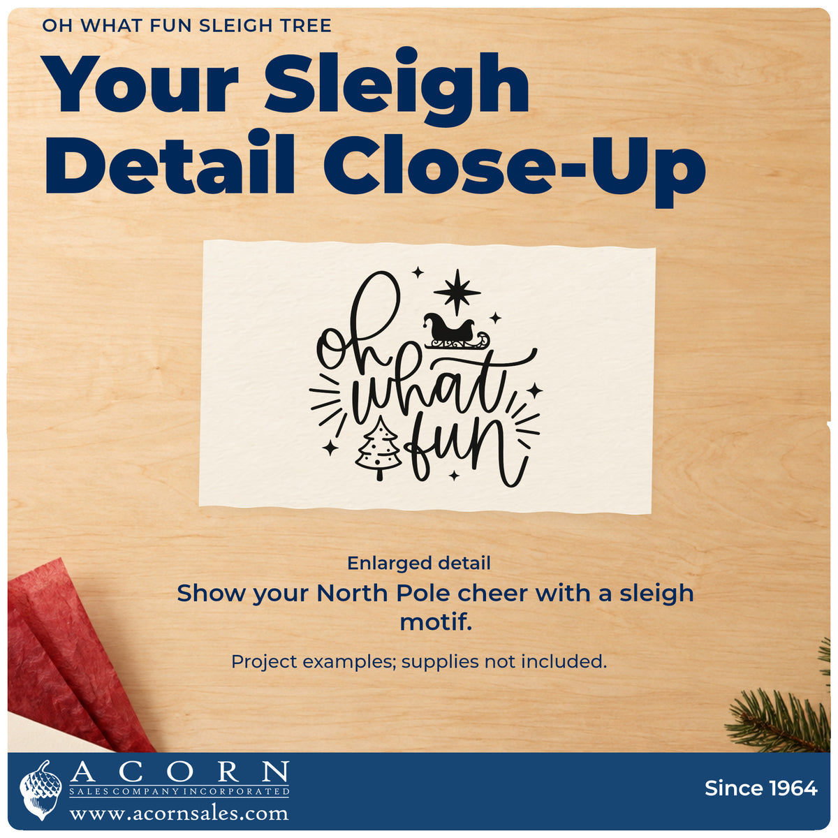 Enlarged detail of the Oh What Fun Sleigh Tree Premium Wood-Mounted Stamp – Vintage Pro imprint. “Oh What Fun” features Santa's sleigh, a Christmas tree, stars, and accent rays.