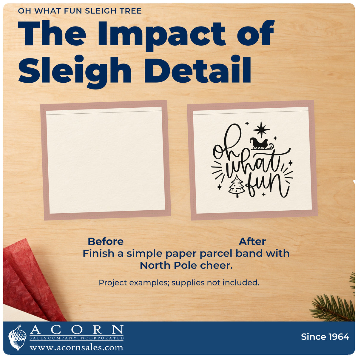 Before and after of a plain item finished with the Oh What Fun Sleigh Tree Premium Wood-Mounted Stamp – Vintage Pro, a quick upgrade for framed game closet.