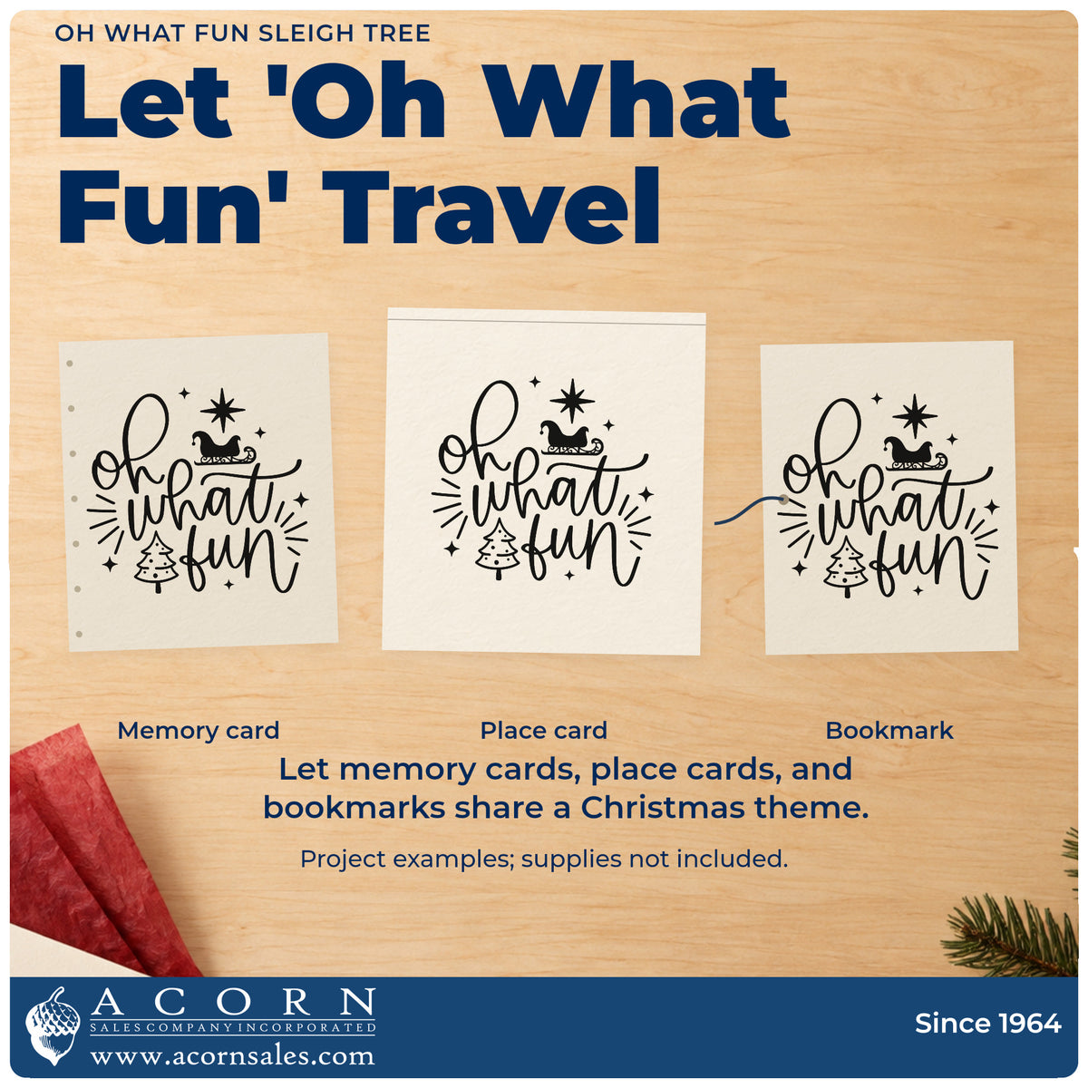 Three project examples made with the Oh What Fun Sleigh Tree Rubber Stamp – Duo Hand, including score tally sheet.