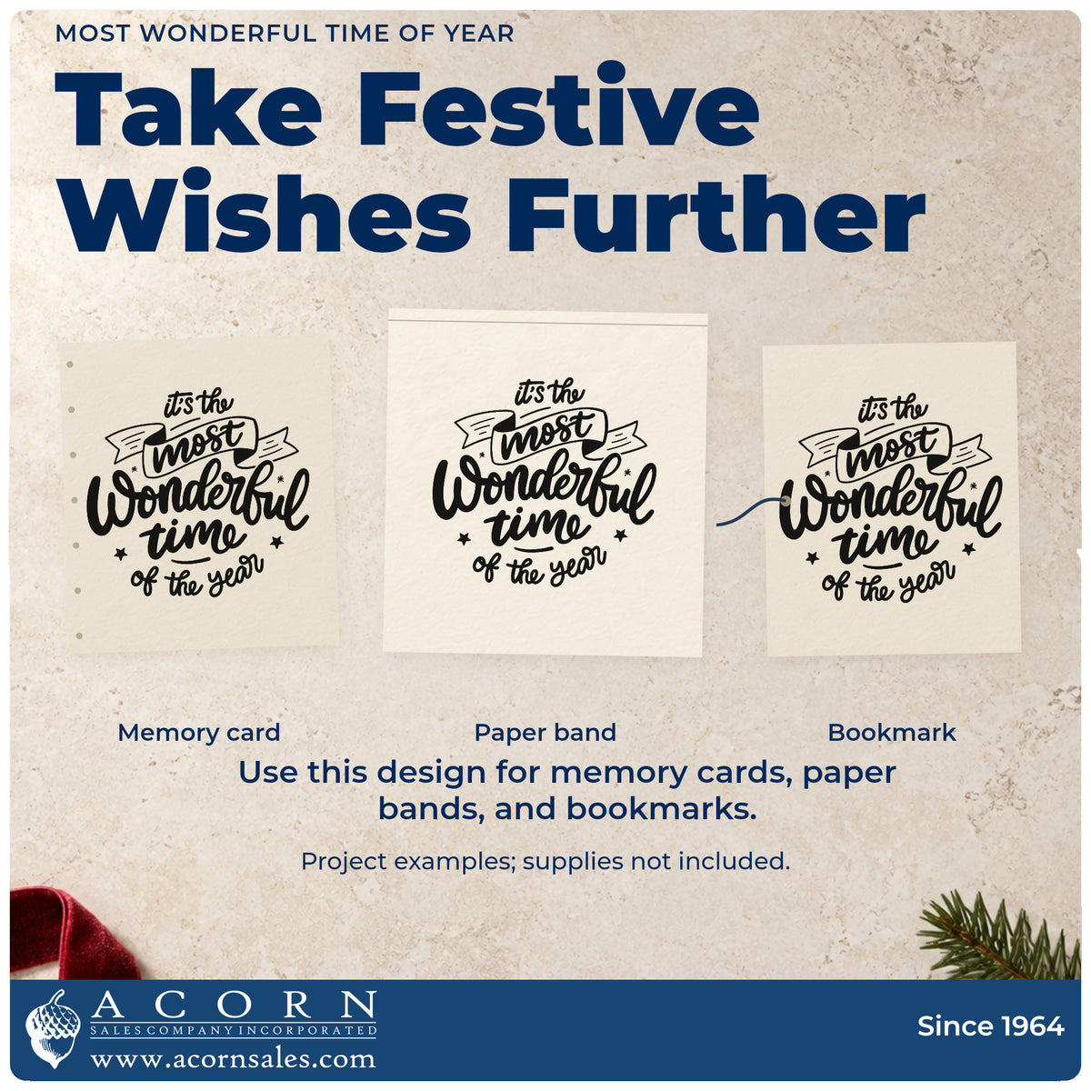 Three project examples made with the Most Wonderful Time Of Year Self-Inking Stamp, including break countdown sheet.