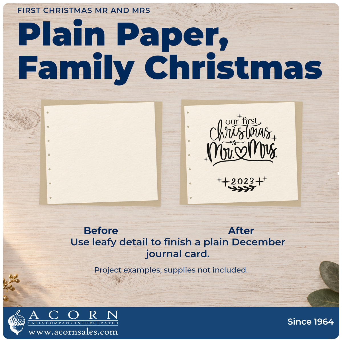 Before and after of a plain item finished with the First Christmas Mr And Mrs Premium Wooden Stamp – Vintage Pro, a quick upgrade for apron pair printing.