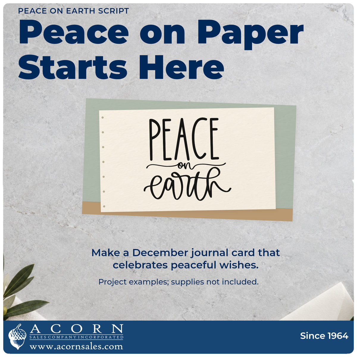 A finished handmade project stamped with the Peace On Earth Script Lettering PSI Pre-Inked Stamp, ideal for reflection album page.
