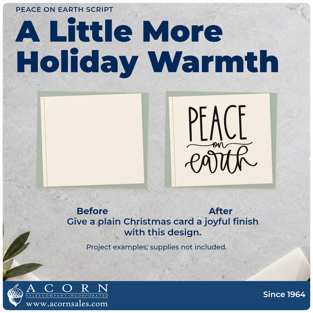 Before and after of a plain item finished with the Peace On Earth Script Lettering Rubber Stamp – Duo Hand, a quick upgrade for framed studio entry.