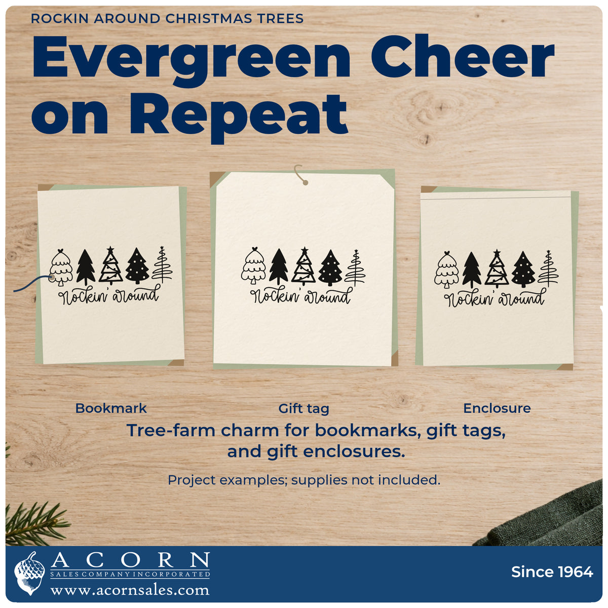 Three project examples made with the Rockin Around Christmas Trees Script Lettering Stamp – Self-Inking, including decor sourcing sheet.