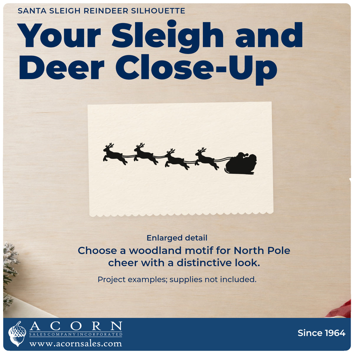 Enlarged detail of the Santa Sleigh Reindeer Silhouette Self-Inking Stamp imprint. Four reindeer pull Santa's sleigh in a horizontal silhouette.