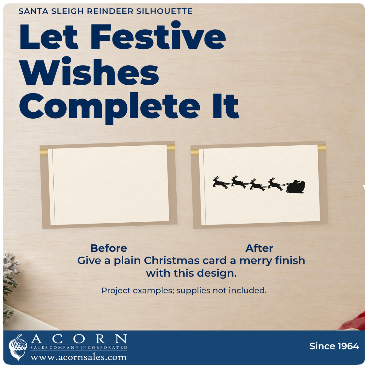 Before and after of a plain item finished with the PSI Pre-Inked Santa Sleigh Reindeer Silhouette Stamp, a quick upgrade for framed lintel panel.