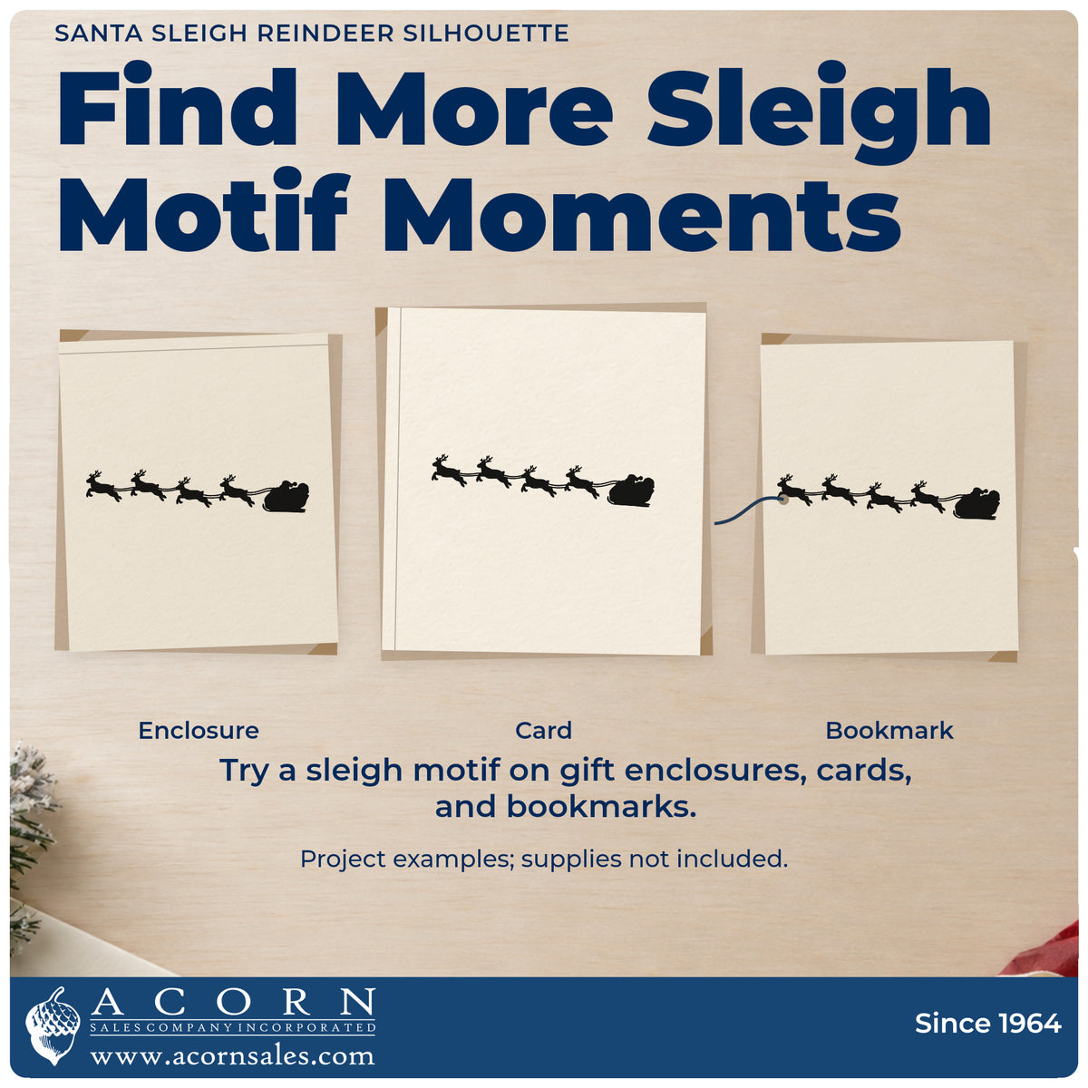 Three project examples made with the Santa Sleigh Reindeer Silhouette Self-Inking Stamp, including calendar week band.