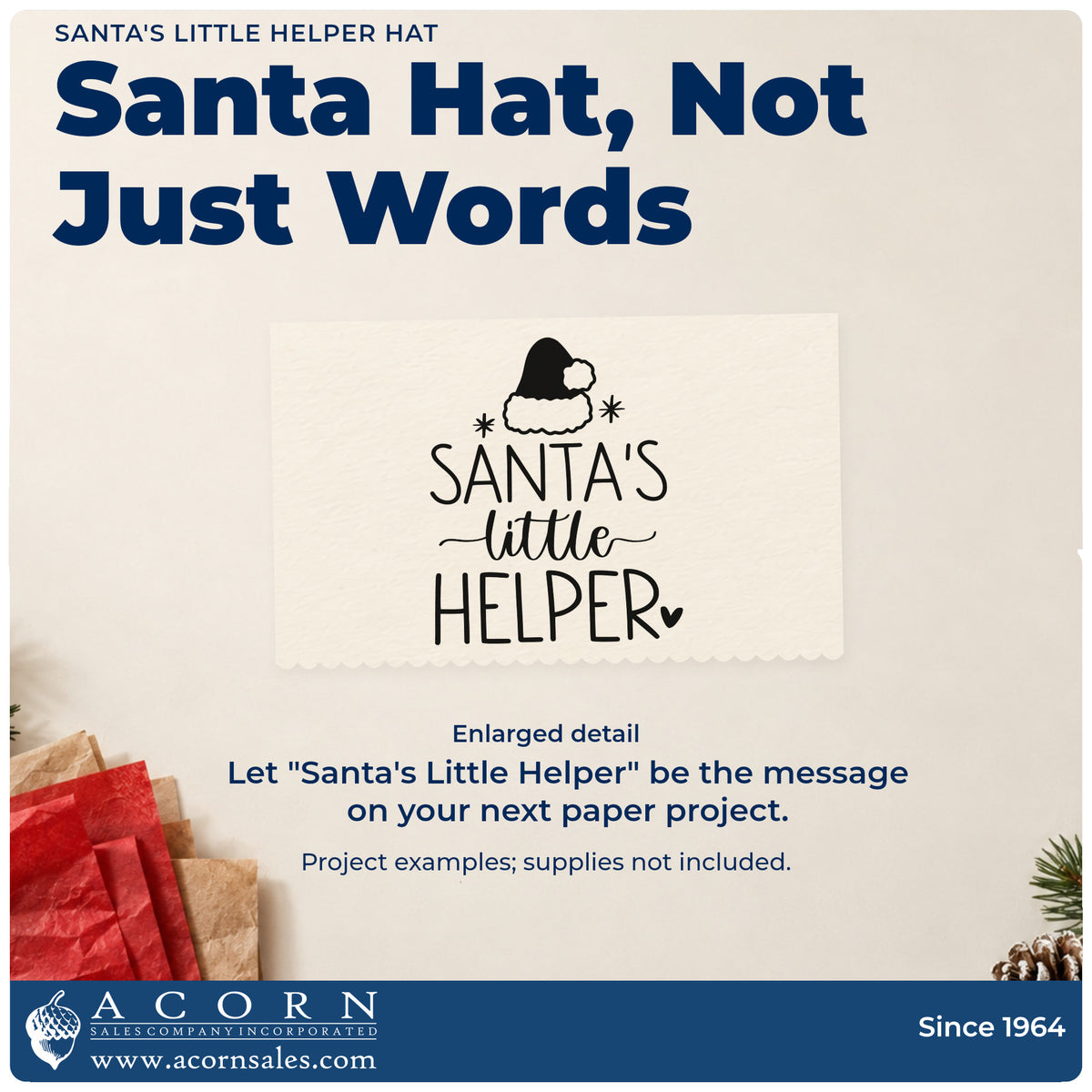 Enlarged detail of the Santa's Little Helper Hat With Stars Hand Stamp – Duo imprint. “Santa's Little Helper” appears beneath a Santa hat with stars and a small heart.