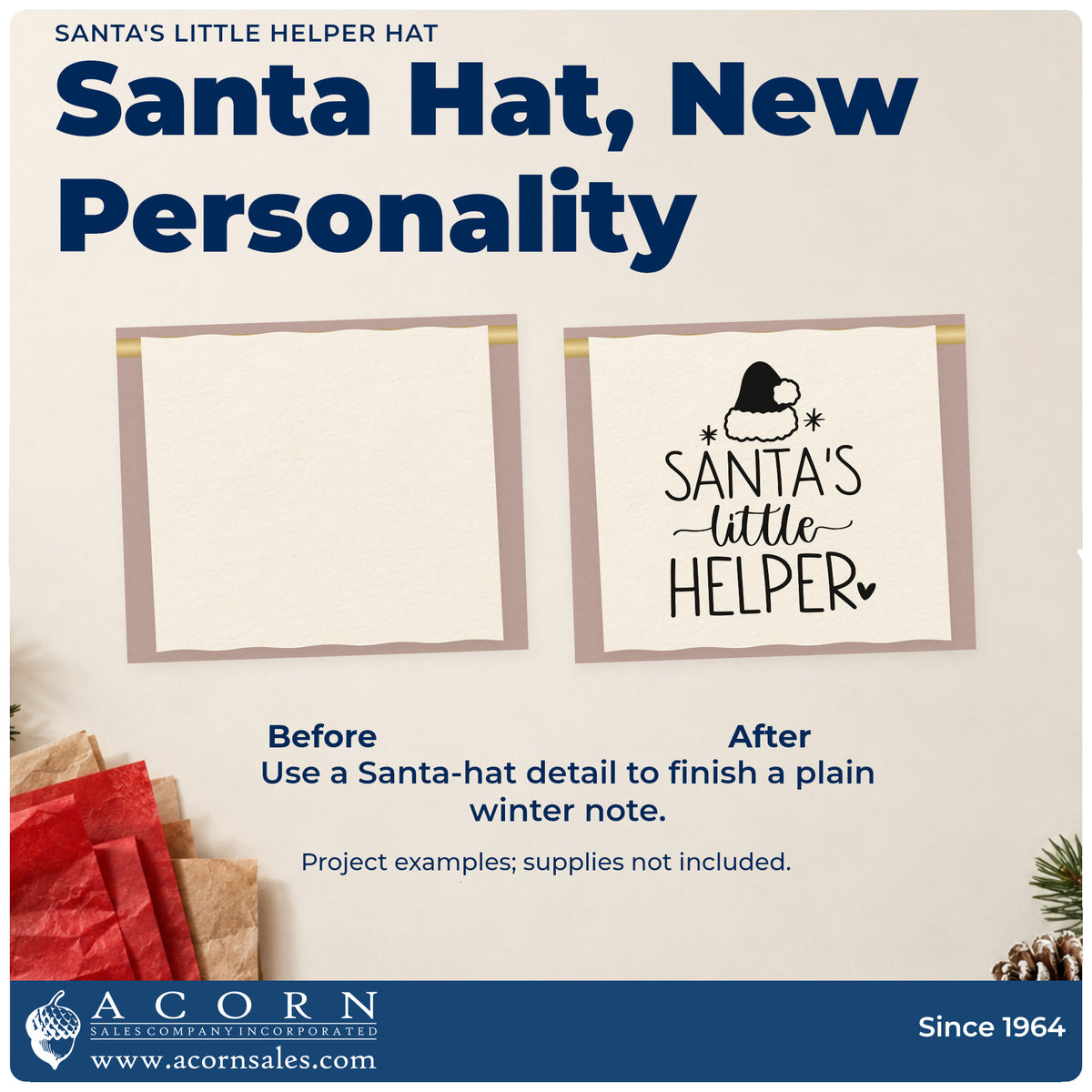Before and after of a plain item finished with the Santa's Little Helper Hat With Stars Hand Stamp – Duo, a quick upgrade for framed step stool.