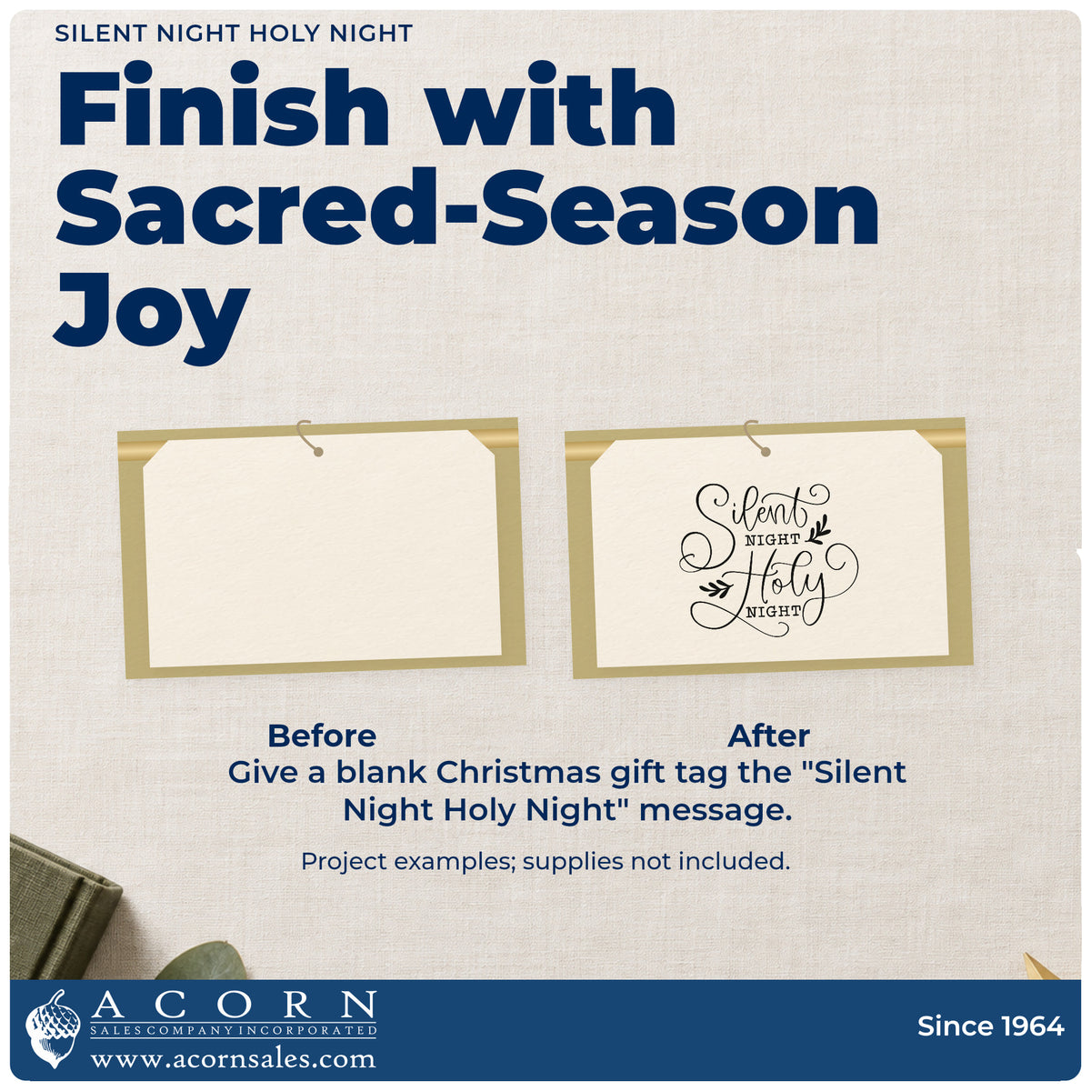 Before and after of a plain item finished with the Silent Night Holy Night Leaf Accents Stamp – Self-Inking, a quick upgrade for framed quiet room.