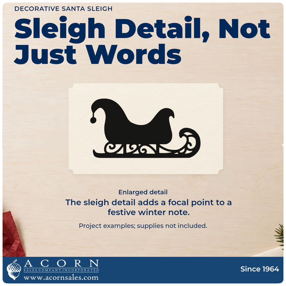 Enlarged detail of the Decorative Santa Sleigh Self-Inking Craft Stamp imprint. A dark Santa sleigh silhouette features curled runners and a drooping front tip.