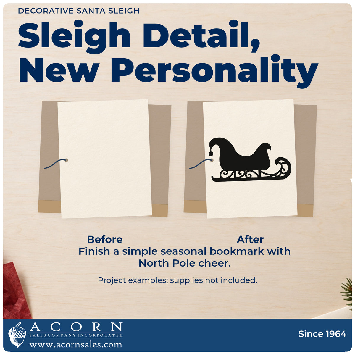 Before and after of a plain item finished with the Decorative Santa Sleigh Self-Inking Craft Stamp, a quick upgrade for framed shadow print.