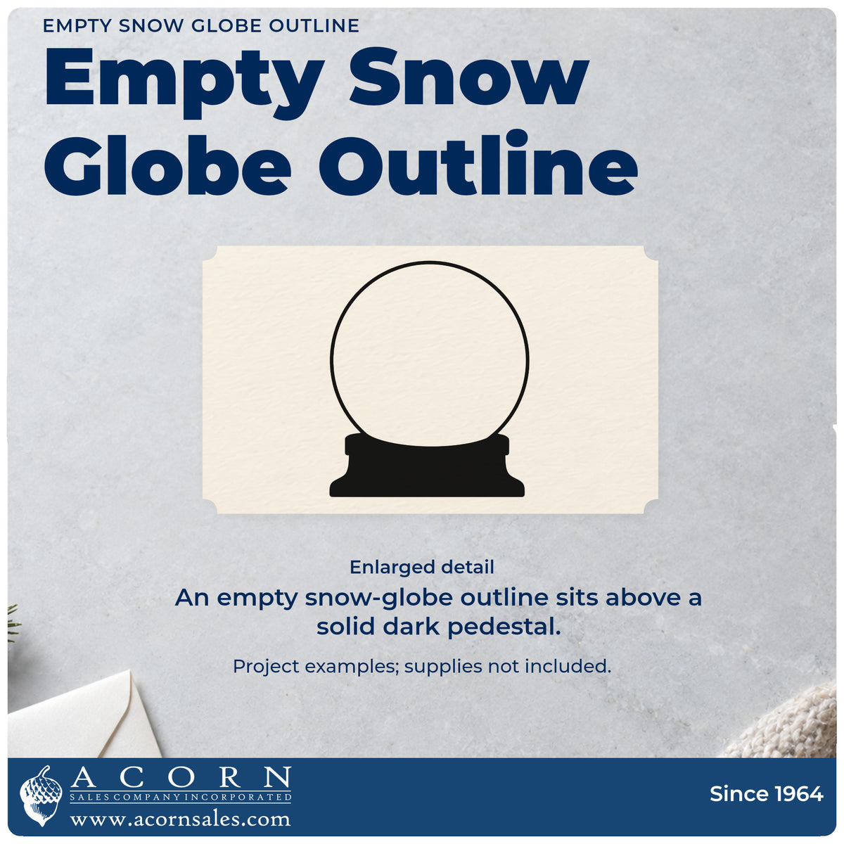 Enlarged detail of the Empty Snow Globe Line Art Wood-Mounted Rubber Stamp imprint. An empty circular snow globe outline sits on a solid dark pedestal base.