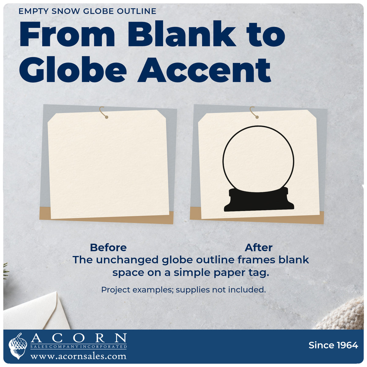 Before and after of a plain item finished with the Empty Snow Globe Line Art Wood-Mounted Rubber Stamp, a quick upgrade for framed monogram globe.