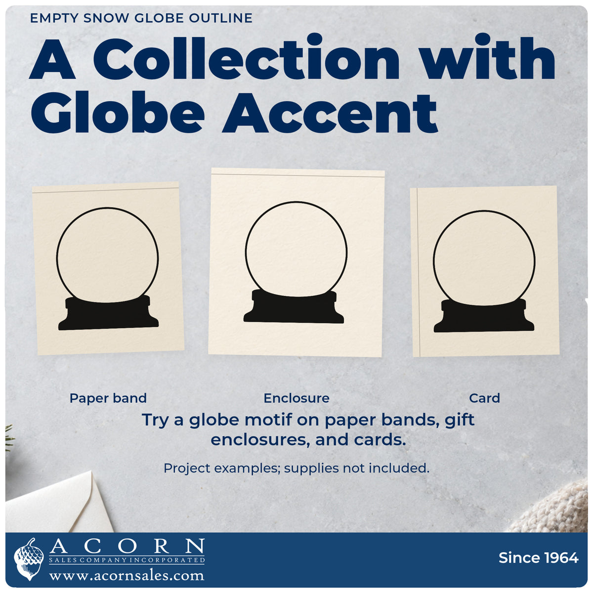 Three project examples made with the Empty Snow Globe Line Art Wood-Mounted Rubber Stamp, including goal bubble planner.