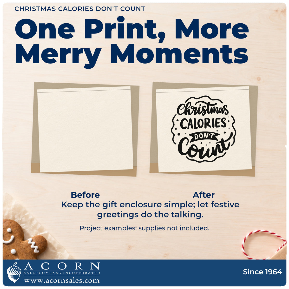 Before and after of a plain item finished with the Self-Inking Christmas Calories Don't Count Stamp, a quick upgrade for framed buffet wall.