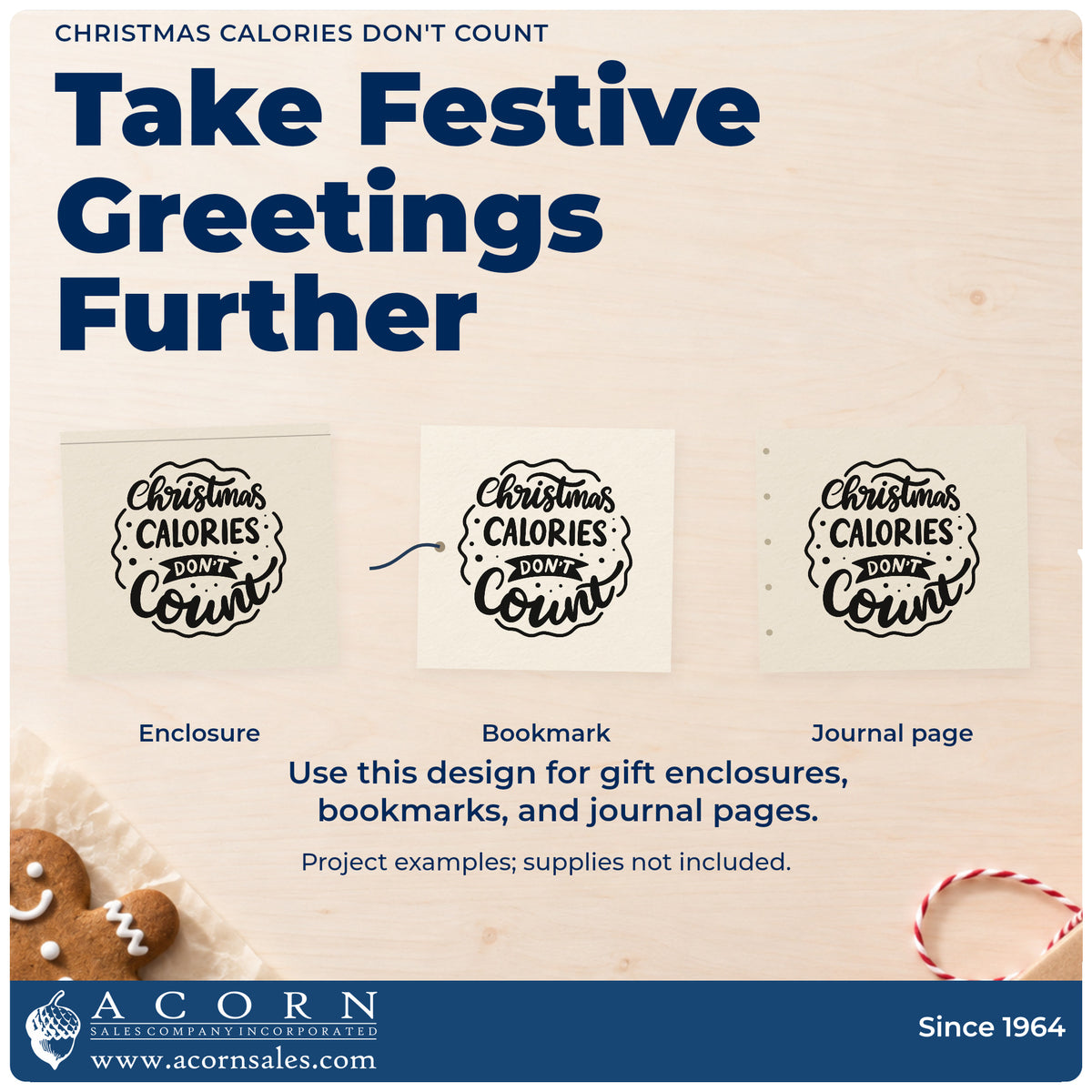 Three project examples made with the Vintage Pro Christmas Calories Don't Count Premium Wooden Stamp, including potluck sign sheet.