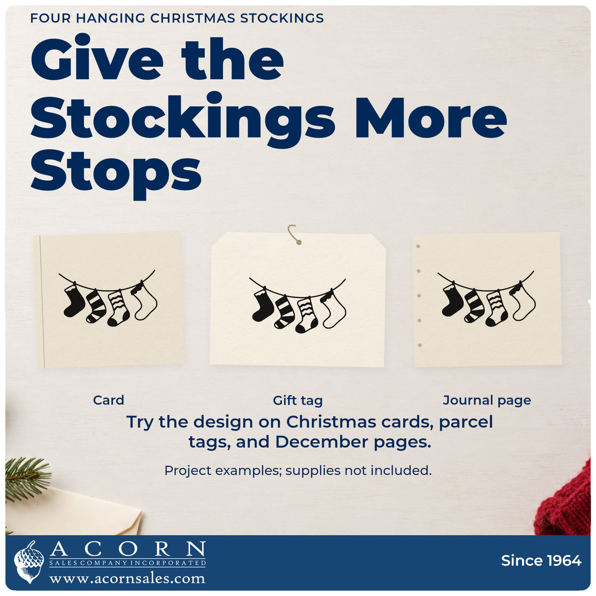 Three project examples made with the Four Patterned Christmas Stockings Premium Wooden Stamp – Vintage Pro, including family count chart.