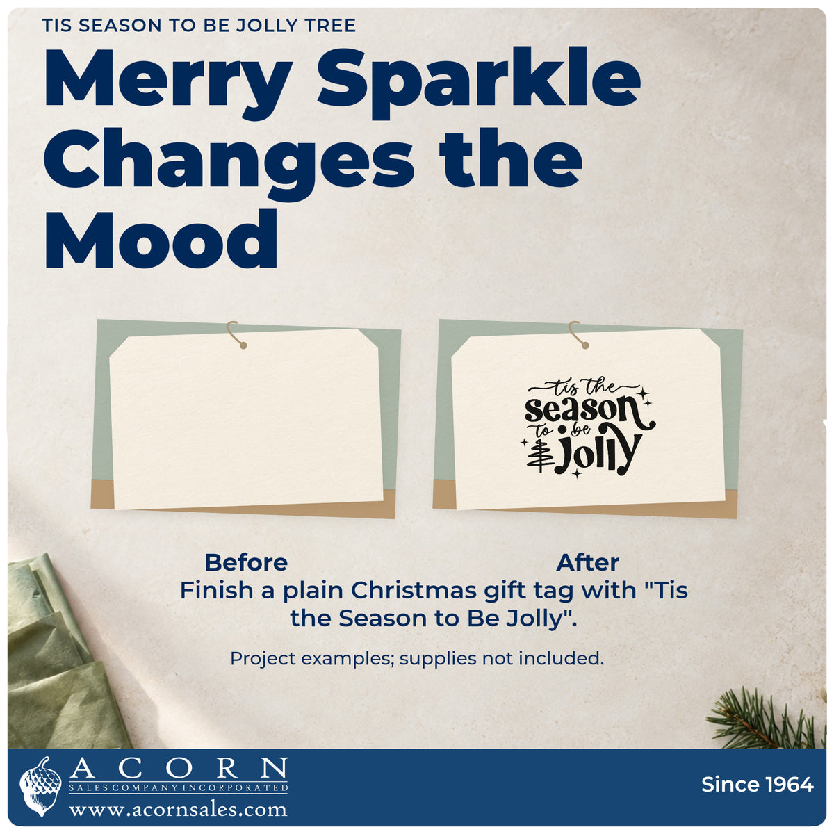Before and after of a plain item finished with the Tis Season To Be Jolly Tree Stamp – PSI Pre-Inked, a quick upgrade for framed entry bench.
