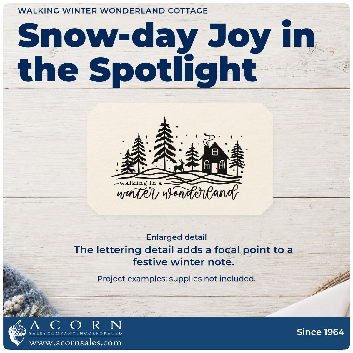 Enlarged detail of the Walking Winter Wonderland Cottage Pine Motif PSI Pre-Inked Stamp imprint. “Walking in a Winter Wonderland” appears below a snowy cottage and evergreen landscape.