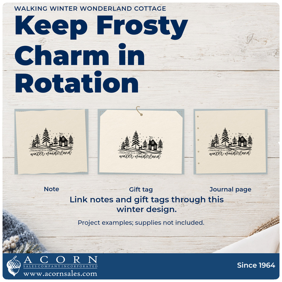 Three project examples made with the Walking Winter Wonderland Cottage Pine Motif Stamp – Premium Vintage Pro Wooden, including moving checklist page.