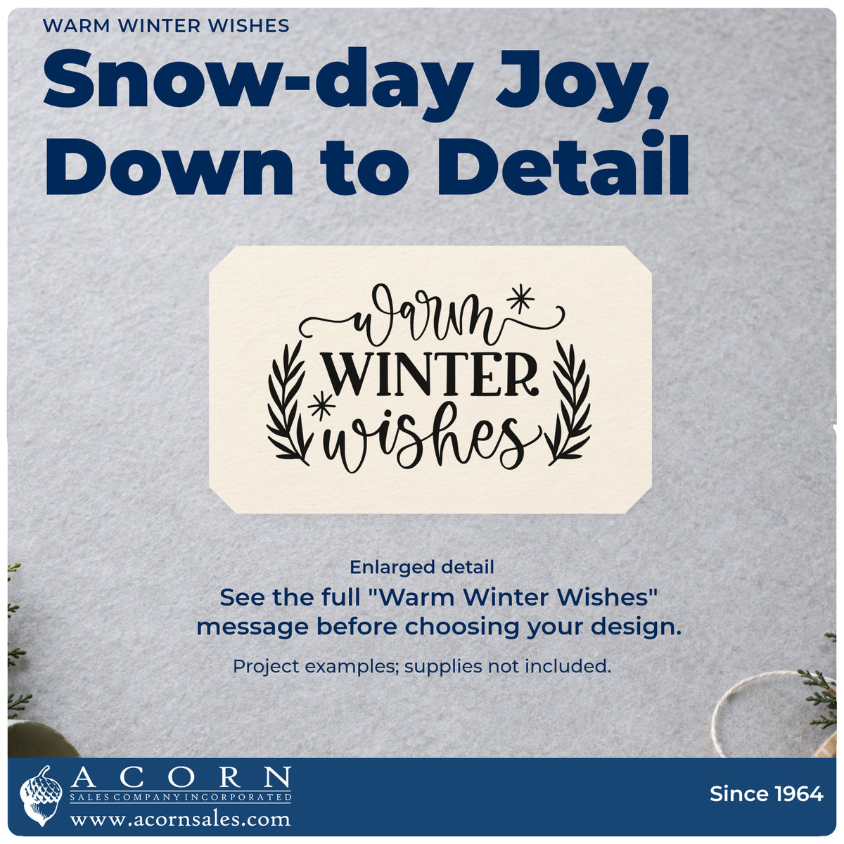 Enlarged detail of the Warm Winter Wishes Slim Pre-Inked Stamp imprint. “Warm Winter Wishes” appears between evergreen sprigs with stars.