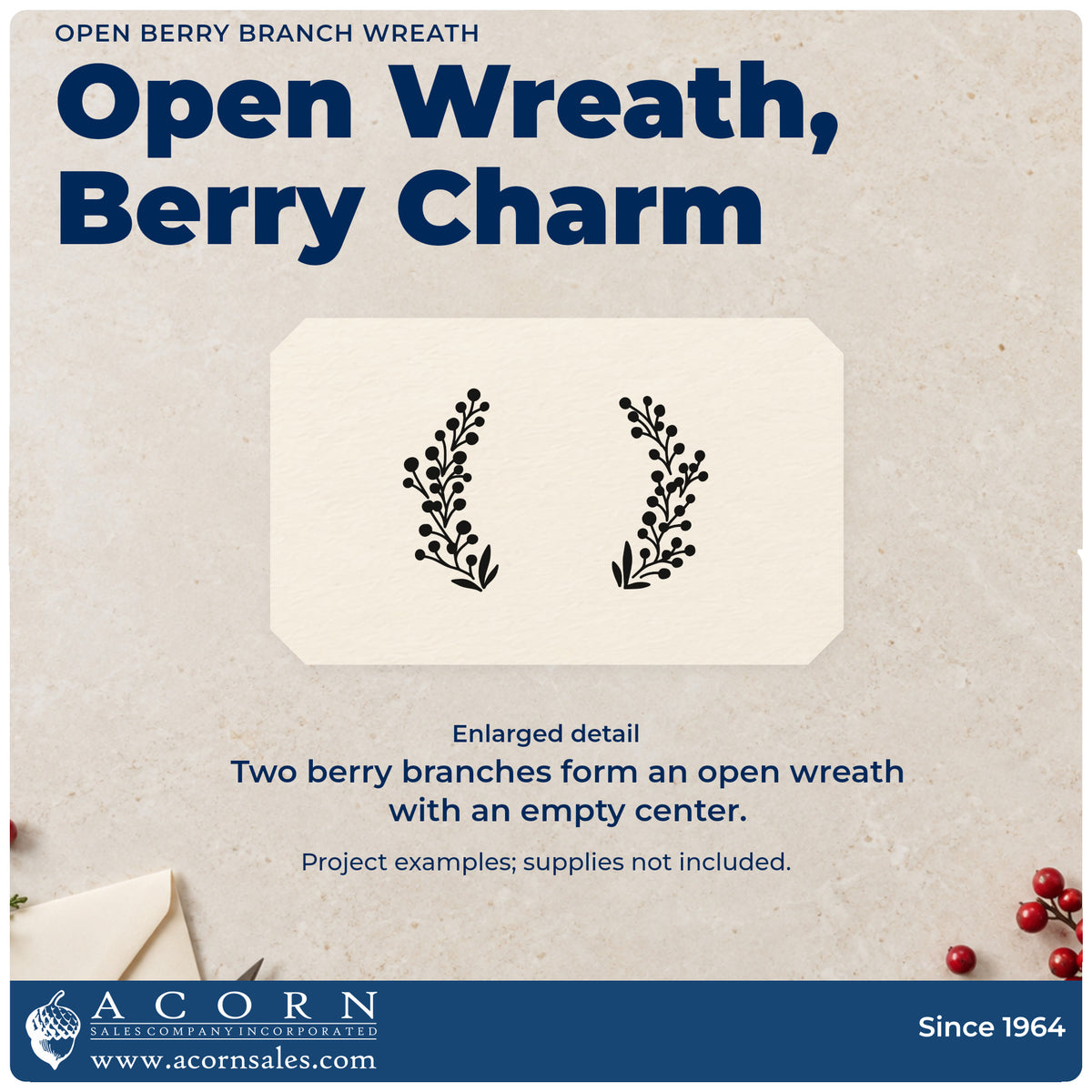 Enlarged detail of the Premium Wooden Open Berry Branch Wreath Stamp – Vintage Pro imprint. Two curved berry-bearing branches form an open wreath with an empty center.