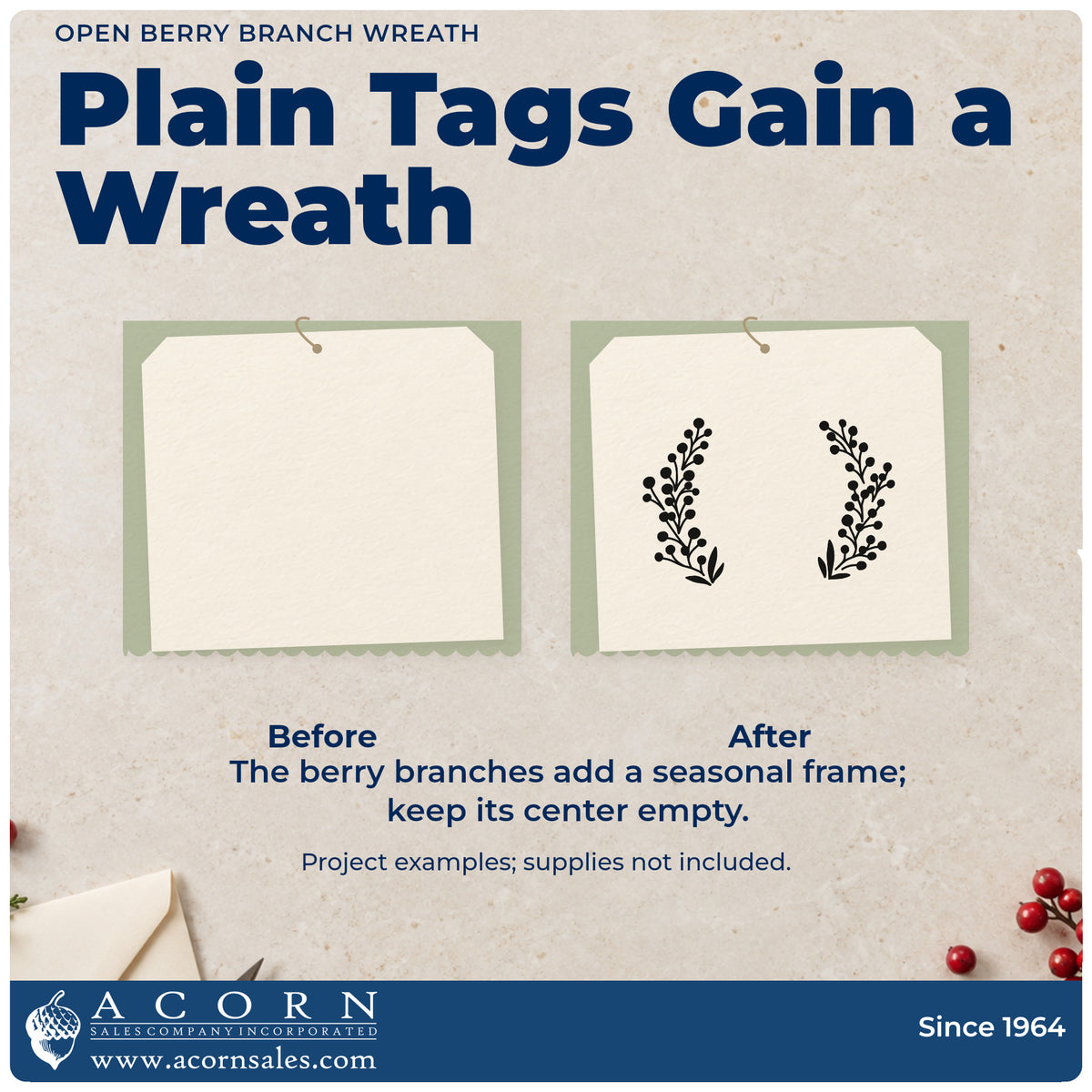 Before and after of a plain item finished with the Premium Wooden Open Berry Branch Wreath Stamp – Vintage Pro, a quick upgrade for framed initial piece.