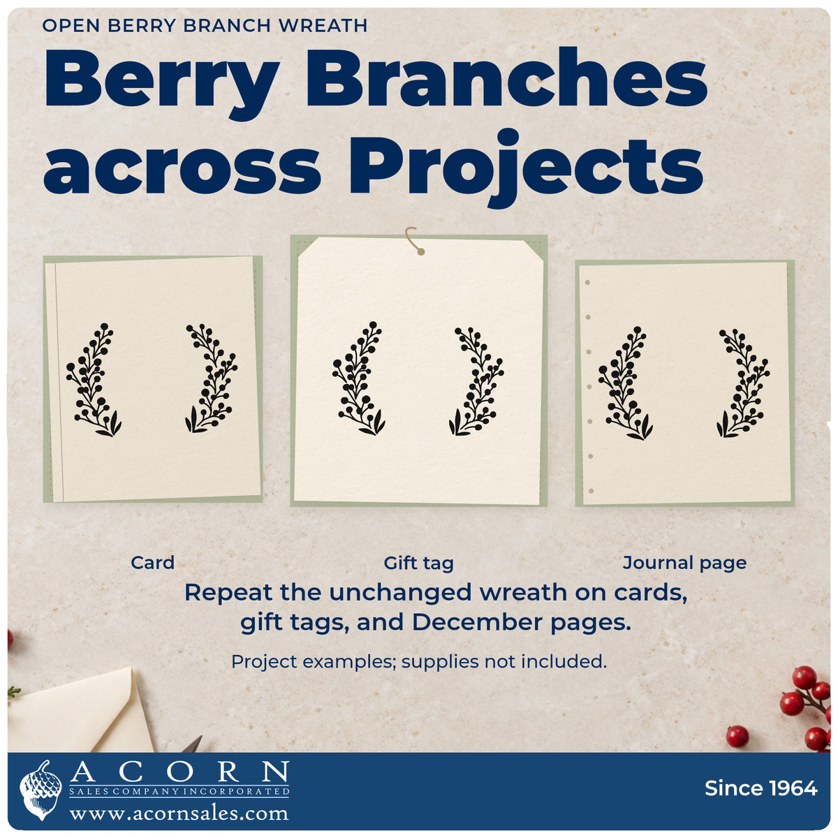 Three project examples made with the Premium Wooden Open Berry Branch Wreath Stamp – Vintage Pro, including date stamp planner.