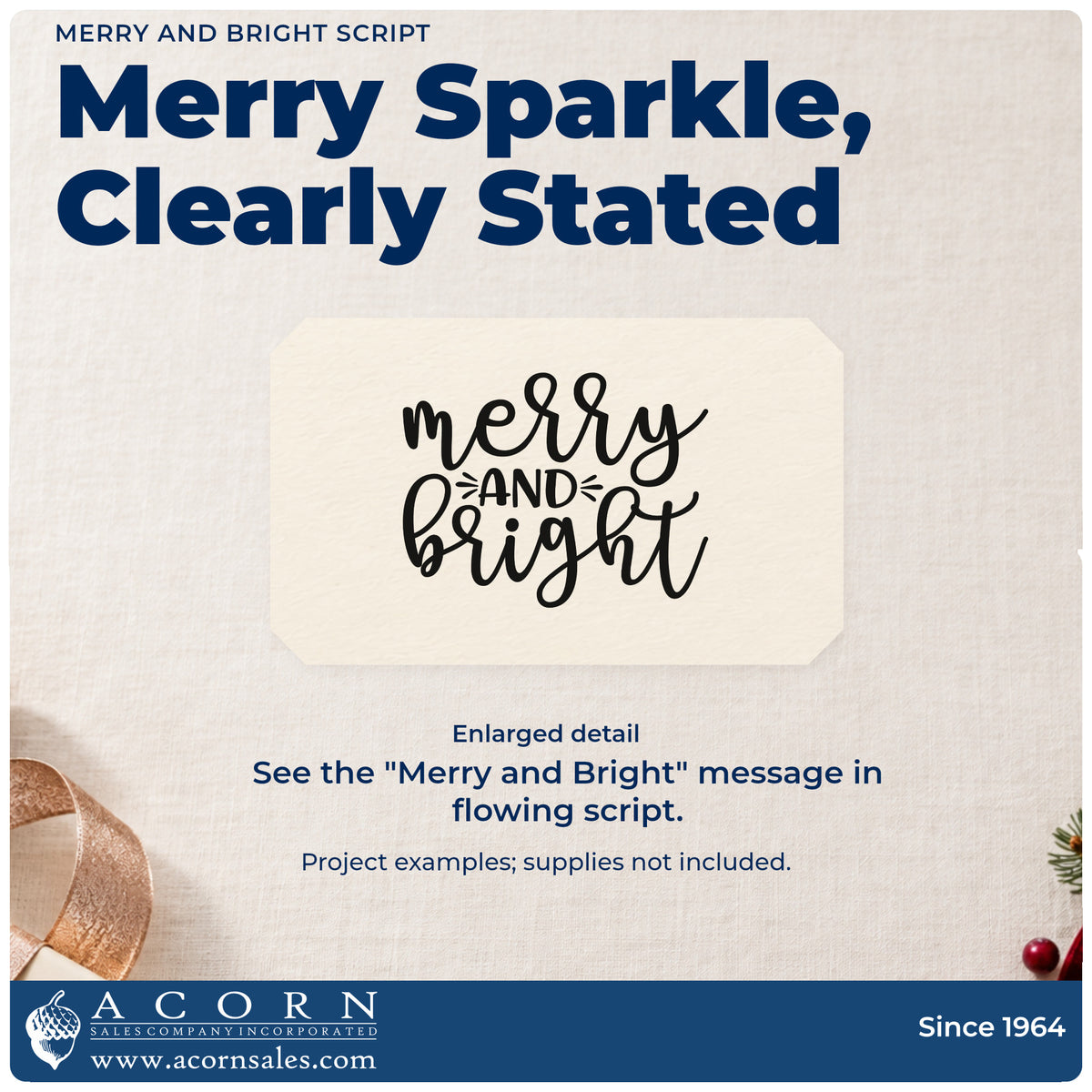 Enlarged detail of the Merry And Bright Script Rubber Stamp – Duo Hand imprint. “Merry and Bright” appears in thick flowing script with short accent rays.