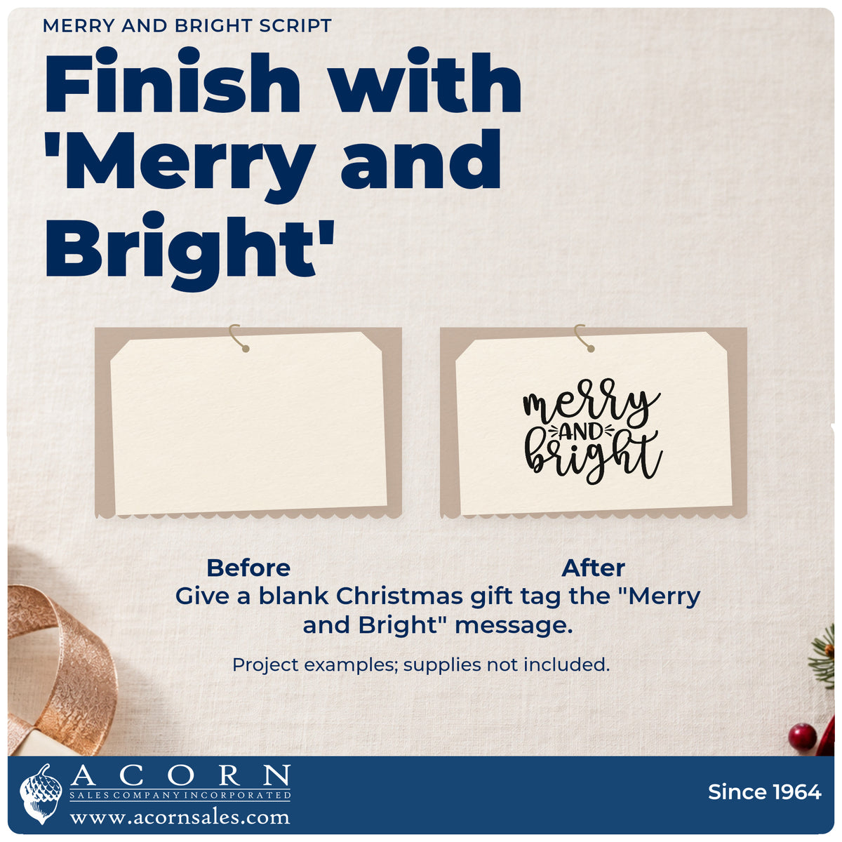 Before and after of a plain item finished with the Merry And Bright Script Premium Wooden Stamp – Vintage Pro, a quick upgrade for framed register wall.