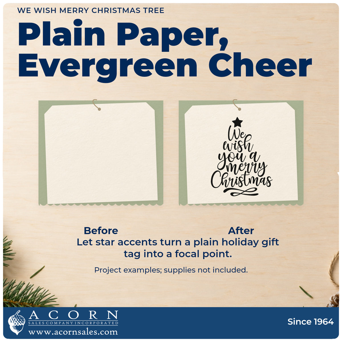 Before and after of a plain item finished with the We Wish Merry Christmas Tree With Stars Rubber Stamp – Wood Handle, a quick upgrade for framed parlor wall.
