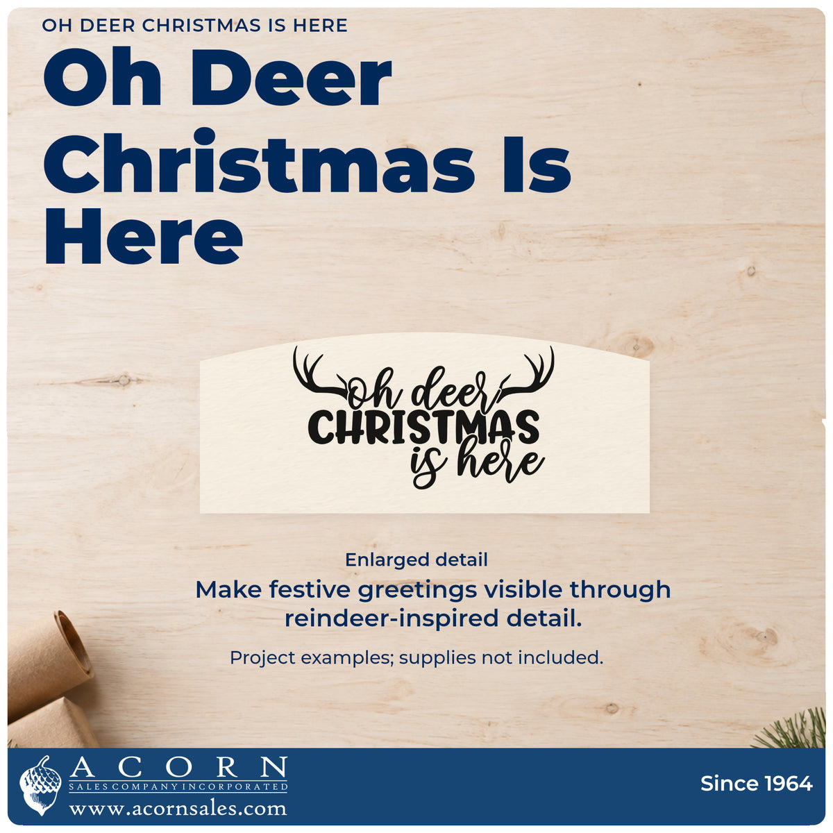 Enlarged detail of the Vintage Pro Oh Deer Christmas Is Here Premium Wooden Stamp imprint. “Oh Deer Christmas Is Here” is topped by large antlers.
