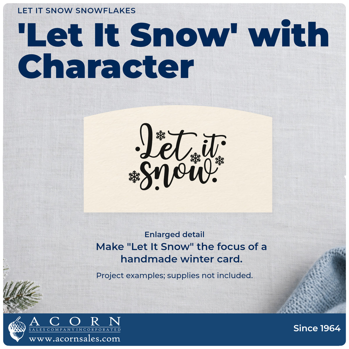 Enlarged detail of the Let It Snow Snowflakes Premium Wooden Stamp – Vintage Pro imprint. Large looping “Let It Snow” lettering is surrounded by snowflakes and dots.