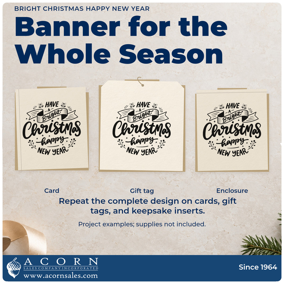 Three project examples made with the Bright Christmas Happy New Year Stamp – Premium Vintage Pro Wooden, including client mailing sheet.